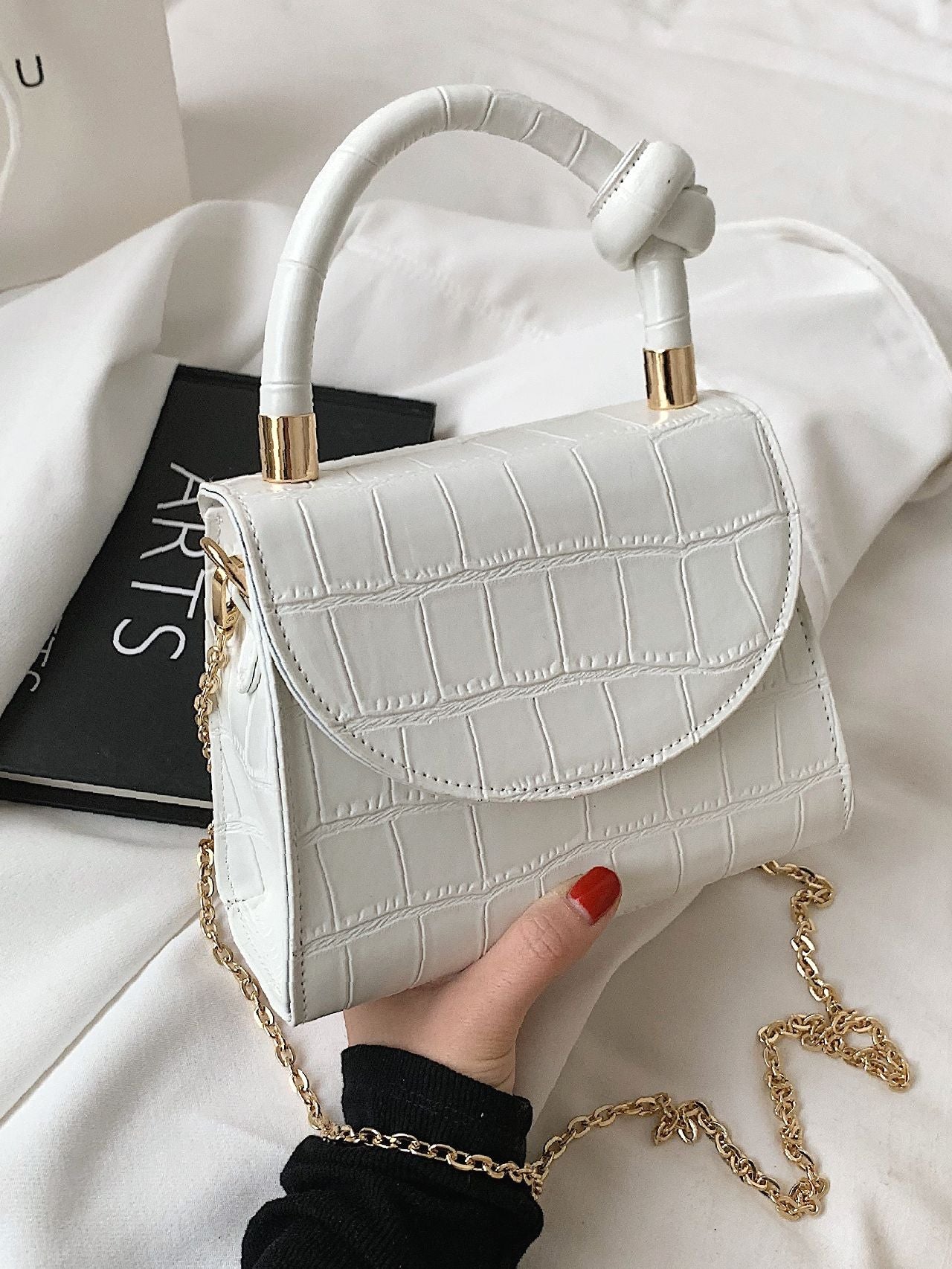 Bag For Love - Knot Decor Croc Embossed Chain Bag - Women Satchels