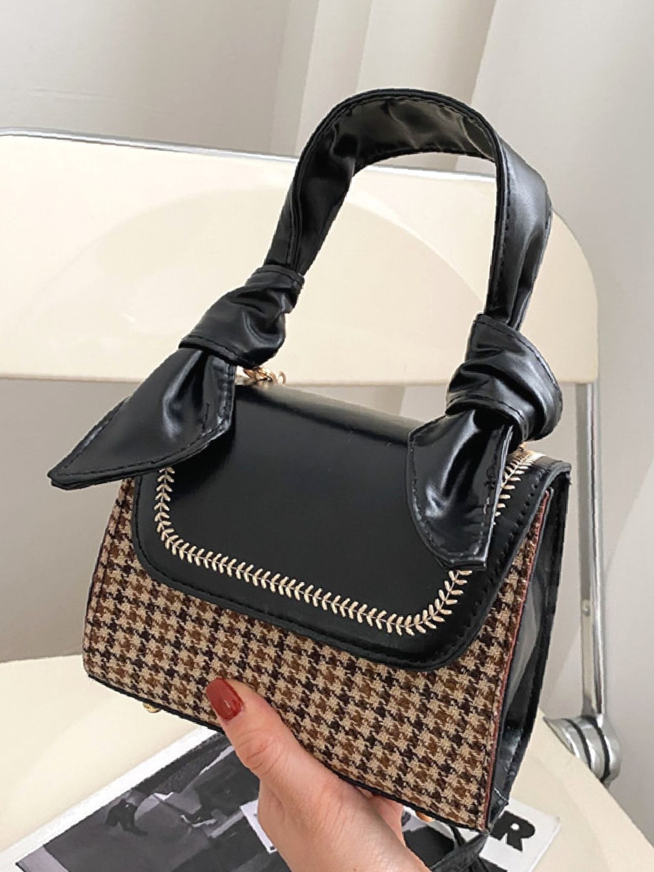 Bag For Love - Houndstooth Pattern Knot Detail Flap Square Bag - Women Satchels