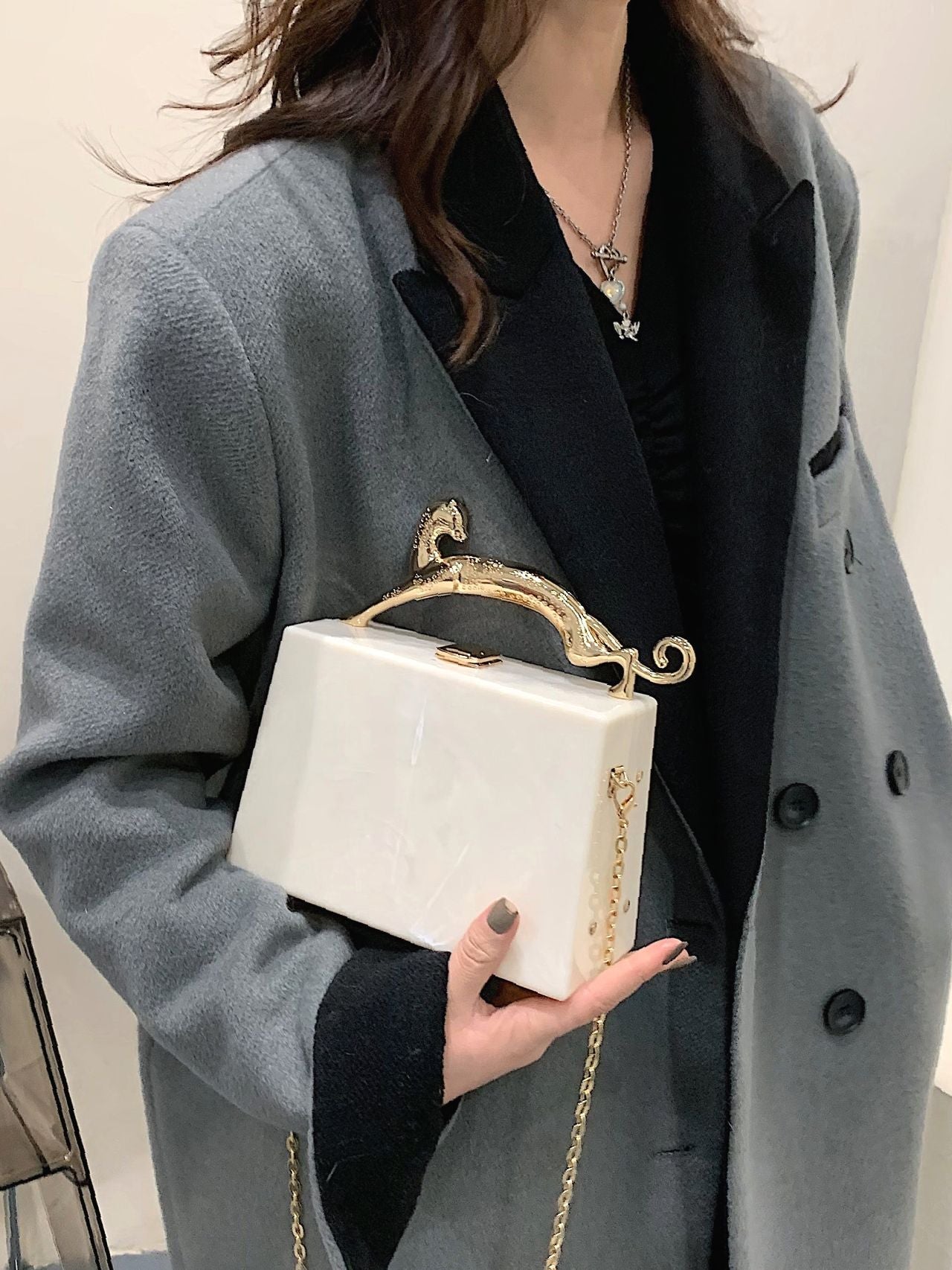 Bag For Love - Leopard Handle Design Marble Chain Box Bag - Women Satchels