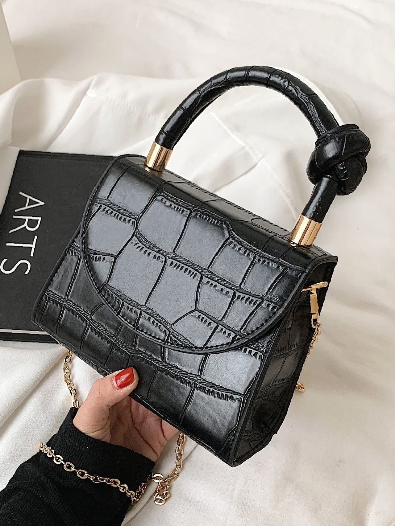 Bag For Love - Knot Decor Croc Embossed Chain Bag - Women Satchels