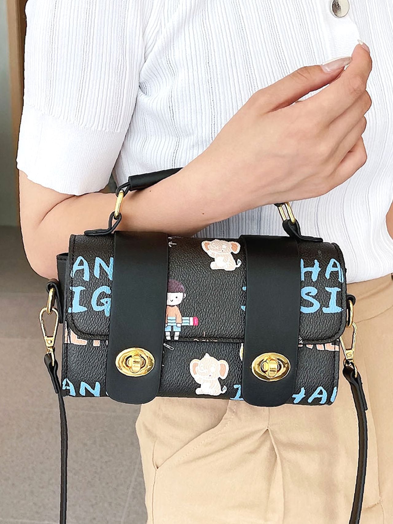 Bag For Love - Letter & Cartoon Graphic Twist Lock Flap Square Bag - Women Satchels