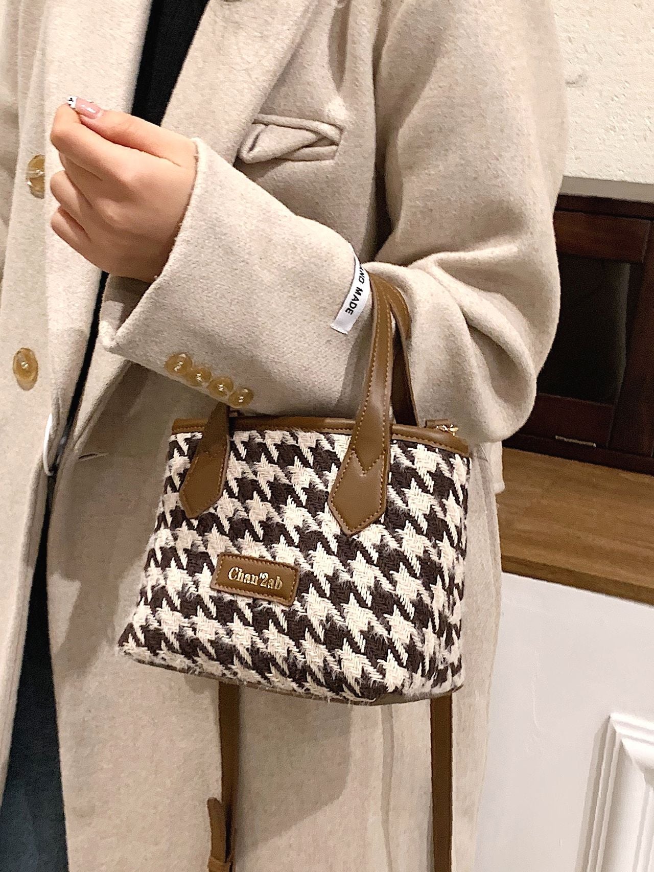 Bag For Love - Houndstooth Pattern Bucket Bag - Women Satchels