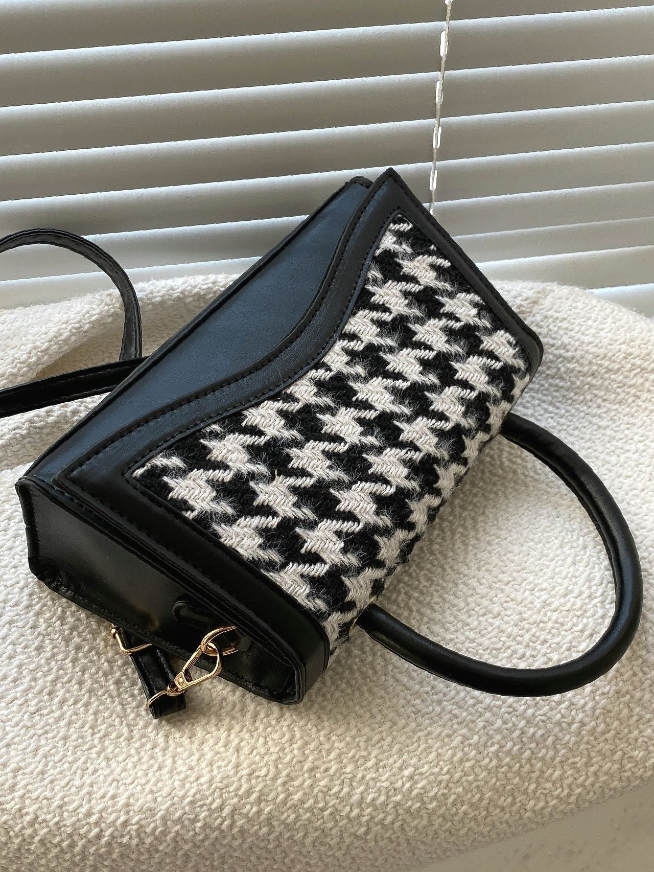 Bag For Love - Houndstooth Graphic Flap Satchel Bag - Women Satchels