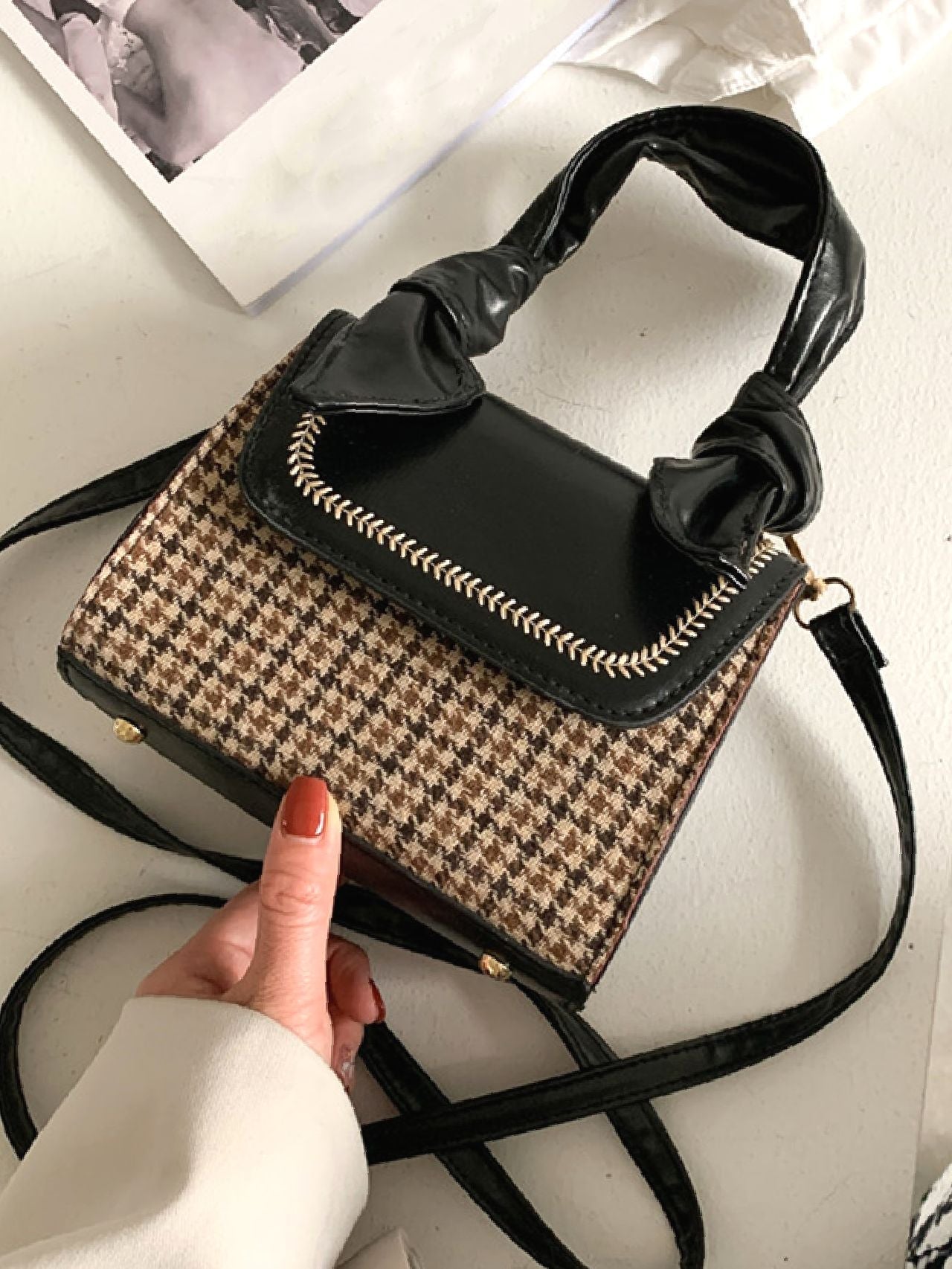 Bag For Love - Houndstooth Pattern Knot Detail Flap Square Bag - Women Satchels